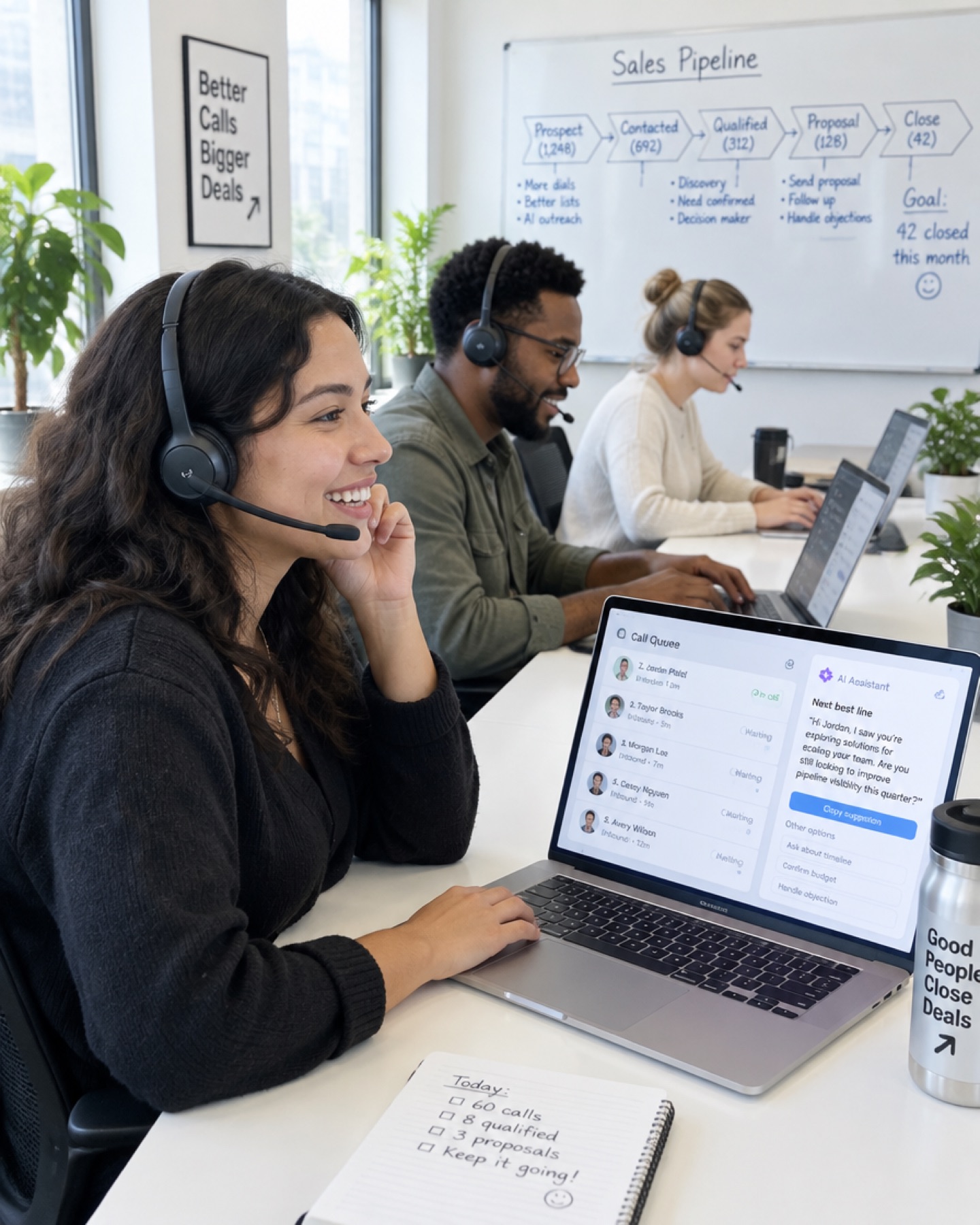 A sales team on headsets calling leads with an AI assistant on screen